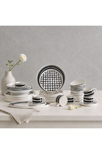 Danube Home Aura Grid 32 Piece New Bone China Dinner Set -serves 6, Black, Di...