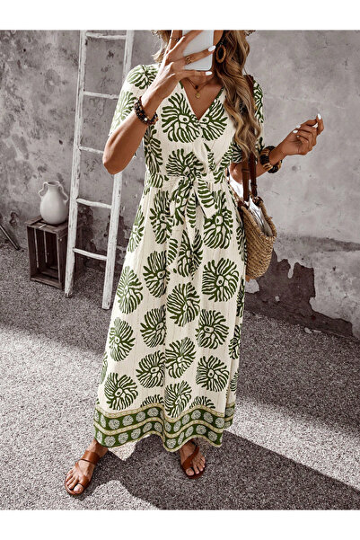 Take Two By Styli Tribal Print Maxi A-Line Dress with Short Sleeves