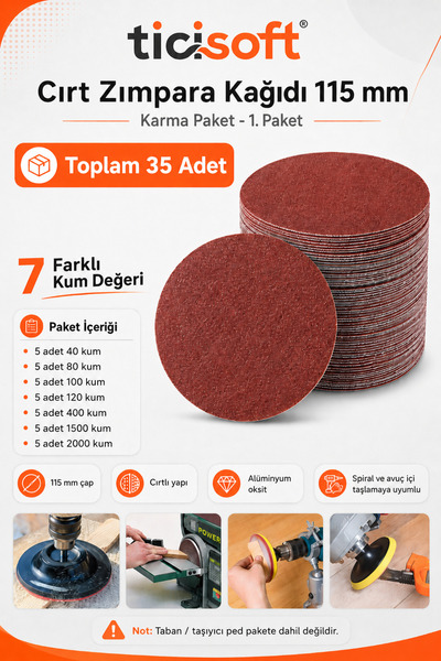 Ticisoft 115 mm Cırt Zımpara Kağıdı 35 Parça Karma Paket 40-80-100-120-400-15...