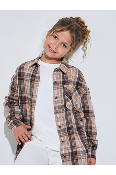Styli Teen Girls Brown Checked Pocket Detail Oversized Shirt