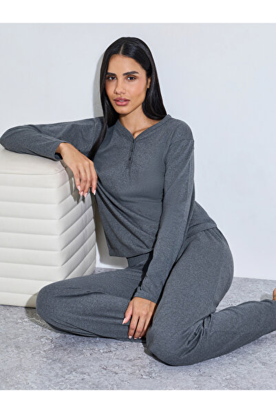 Styli Cotton V Neck Button Front T-Shirt and Pyjama Set