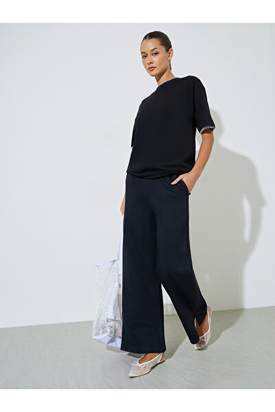 Styli Black Contrast Stitching T-Shirt and Wide Leg Side Slit Joggers Set