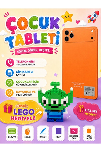 asfteknoloji Sim Kartlı Çocuk Tableti Süpriz Lego Hediyeli Full Set Klavye+Mo...