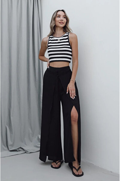 My Blog Black Tie-Waist Slit Pants - Dp231007