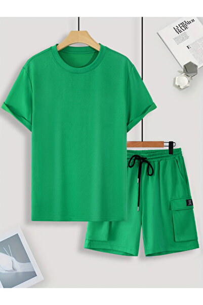 Take Two By Styli Green Solid T-Shirt and Cargo Shorts Co-Ord Set