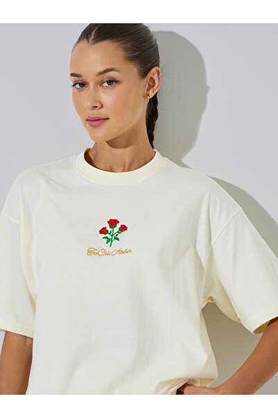 Styli Cream Floral Embroidered Oversized T-Shirt
