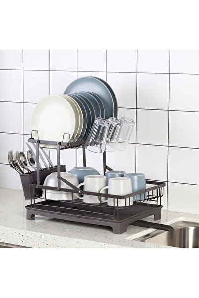 chef's delight Bistro Bliss 2-Tier Dish Rack Set, Brown, Polypropylene, Metal