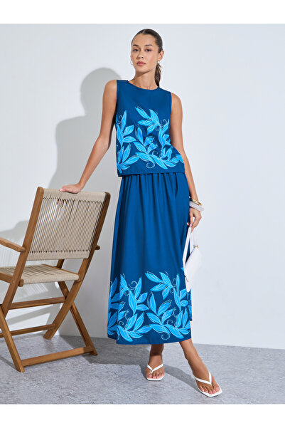 Styli Blue Floral Print Sleeveless Top and A-Line Maxi Skirt Set