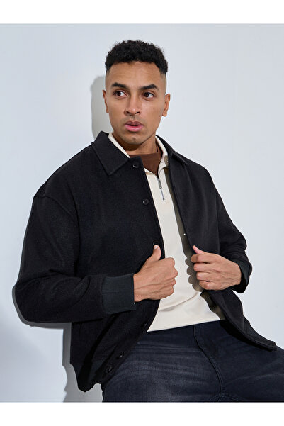 Styli Black Solid Button-Up Jacket
