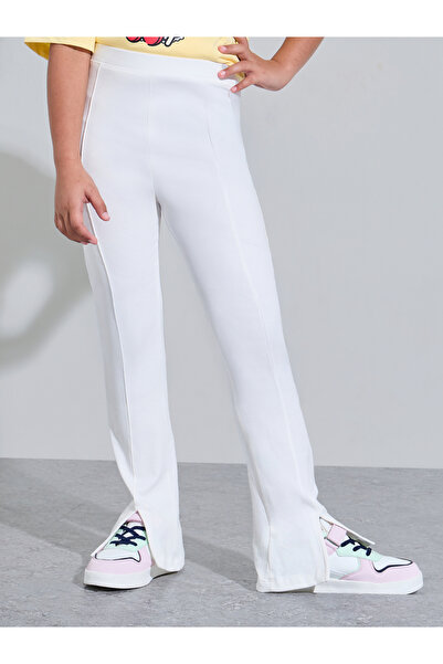 Styli Teen Girls Off White Solid High-Rise Leggings with Front Slit