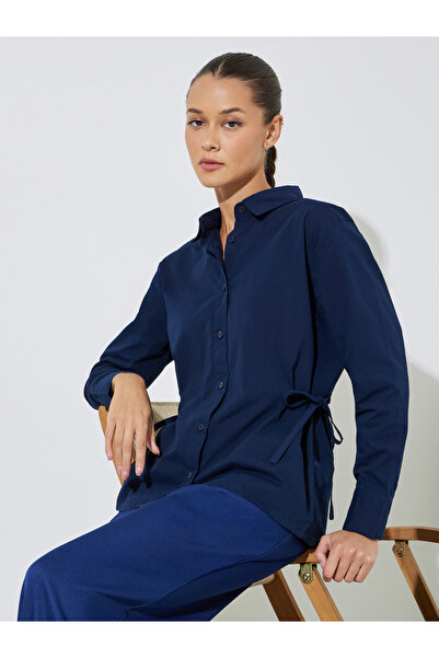 Styli Navy Blue Solid Tie-Up Waist Details Regular Fit Shirt