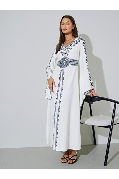 Styli White Printed V-Neck Maxi Jalabiya