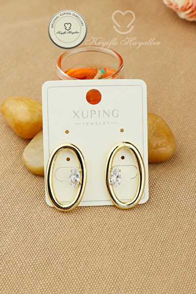Keyifli Hayaller Xuping Küpe - Xuping Oval Halka Model Gold Arpa Taşlı Çivi Küpe Kararmaz