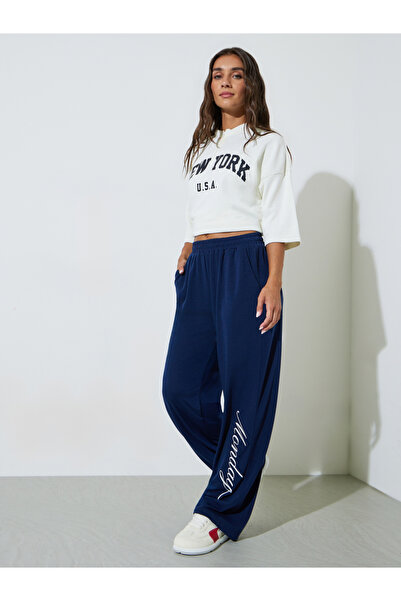 Styli Dark Blue Pocket Detail Printed Wide Leg Joggers