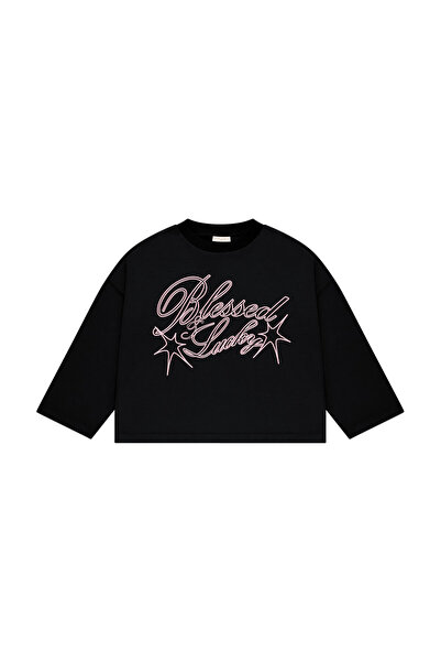 lethestudios Blessed & Lucky Baskılı Uzun Kollu Basic T-Shirt