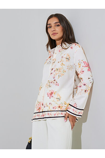 Styli Off White Floral Print Long Sleeves Oversized Shirt