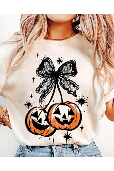 Oceanwear Halloween Pumpkin Detailed Short Sleeve Women's Beige Tshirt