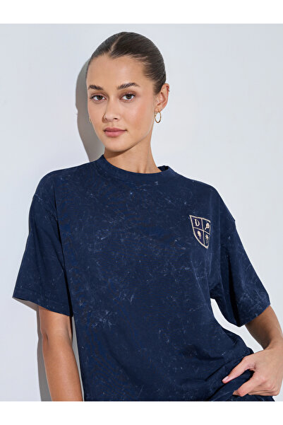 Styli Navy Blue Acid Wash Embroidered Oversized T-Shirt