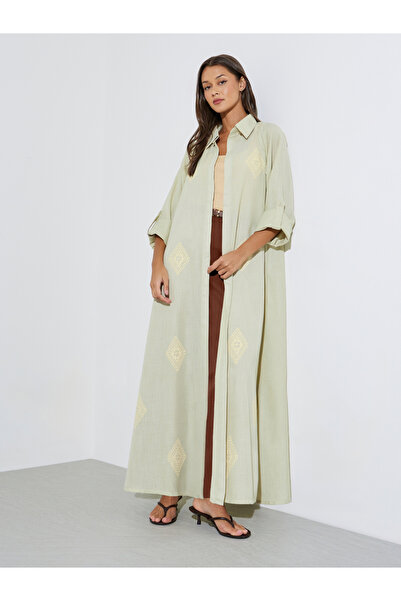 Amirah By Styli Green All Over Print Open Front Collared Abaya