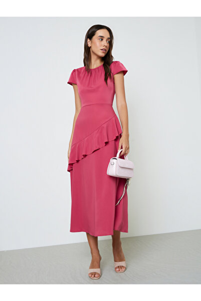 Take Two By Styli Red Plain Midi A-Line Dress with Short Sleeves
