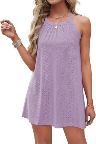 DUOEASE Rochie plajă dama halter neck A-line buline mov 90% poliester, mărime...