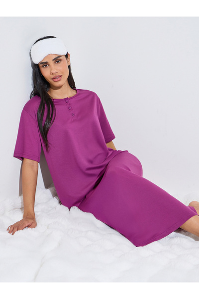 Styli Magenta Solid Button Neck Round Neck Nightdress