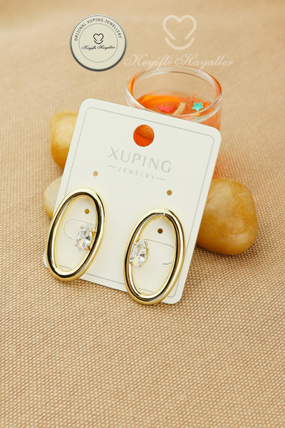 Keyifli Hayaller Xuping Küpe - Xuping Oval Halka Model Gold Arpa Taşlı Çivi Küpe Kararmaz