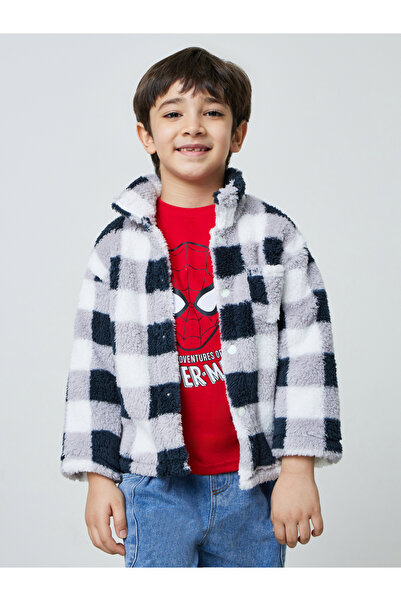 Styli Boys Checked Fleece Jacket with Snap Button