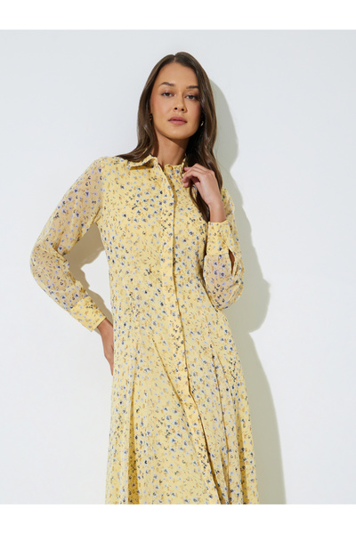 Styli Yellow Floral Print Long Sleeves Shirt Maxi Dress