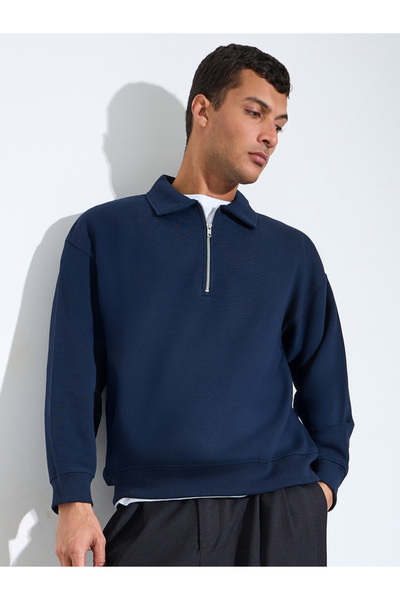 Styli Men Navy Blue Zip-Neck Fleece Sweatshirt