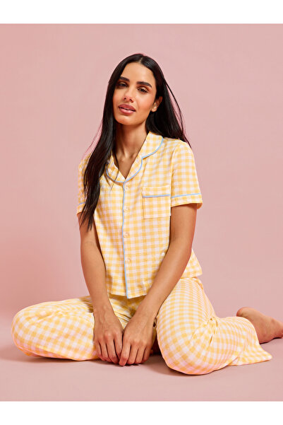 Styli Yellow Checked Pocket Detail Shirt and Straight Pants Pyjama Set