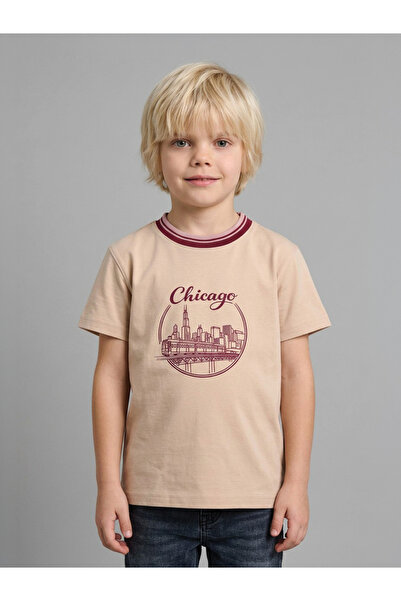 JUNIORLOOM By Styli Boys Beige Graphic Print Contrast Crew Neck Regular Fit T...