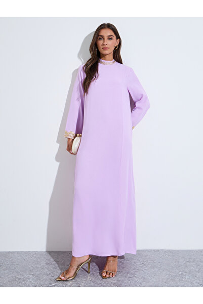 Amirah By Styli Lilac Long Sleeves Maxi Jalabiya with Gold Embroidery