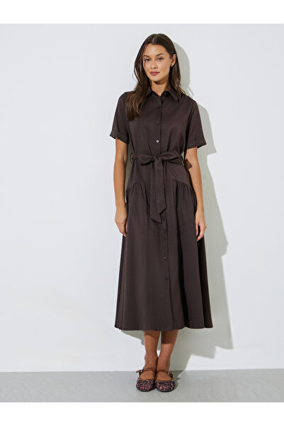 Styli Brown Solid Belted Waist Shirt Midi Dress