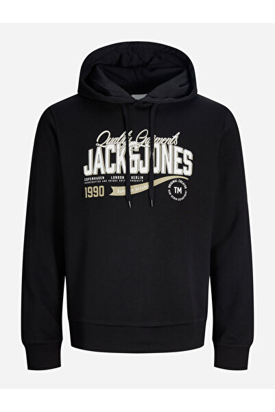 Jack & Jones Black Pullover Hoodie with Logo Print