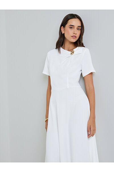 Take Two By Styli Beige Short-Sleeve A-Line Midi Dress