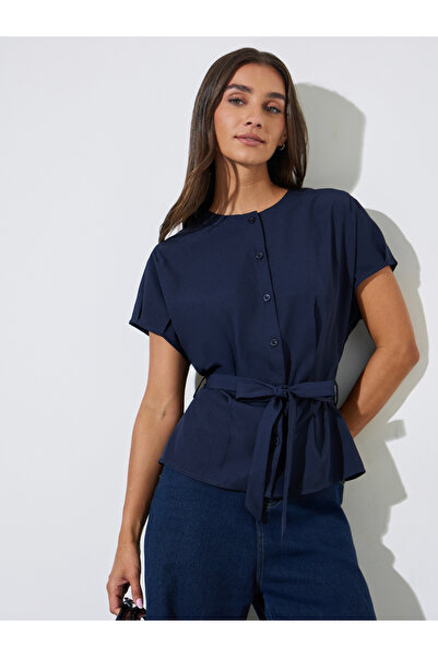 Styli Dark Blue Solid Tie-Up Waist Cap Sleeves Blouse