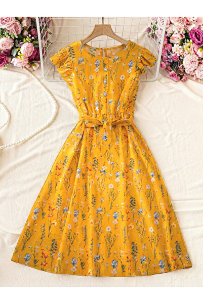 Take Two By Styli Yellow Floral A-Line Midi Dress with Short Sleeves