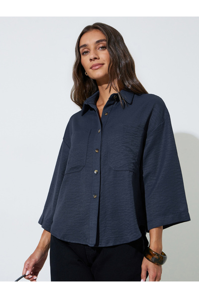 Styli Navy Blue Pocket Detail 3/4 Sleeves Relaxed Fit Shirt