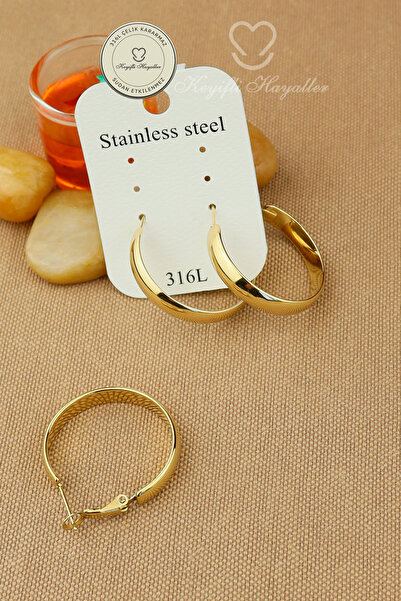 Keyifli Hayaller Orijinal Çelik Halka - 1 Çift 316L Gold 2,8cm Oval Ajda Halka Çelik Kararmaz Solmaz Küpe Günlük Kullanım