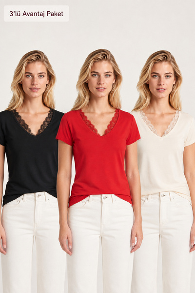 Lovelyİstanbul 3-Pack Lace Detailed Viscose Blouse Lrn0065 Black Ecru Red