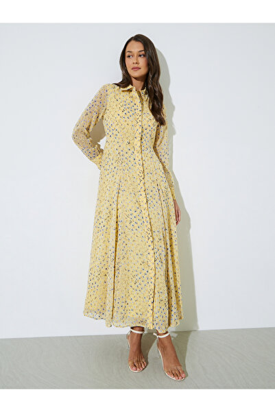 Styli Yellow Floral Print Long Sleeves Shirt Maxi Dress