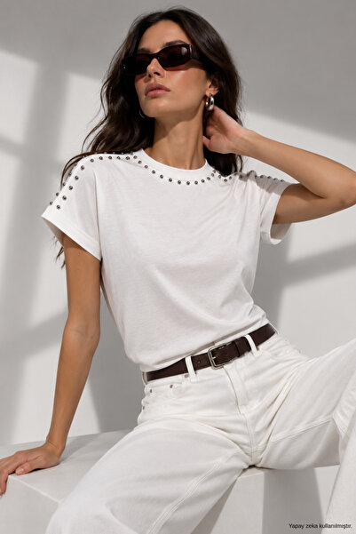 WILD BEE Women's Ecru Viscose Short Sleeve Blouse with Pearl Accessories