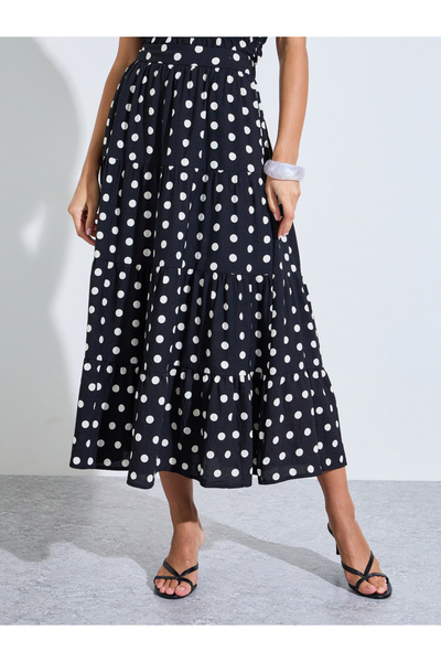 Styli Black Polka Dot Tiered A-Line Midi Skirt