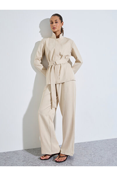 Styli Beige Belted Shirt and Wide Leg Pants Co-ords