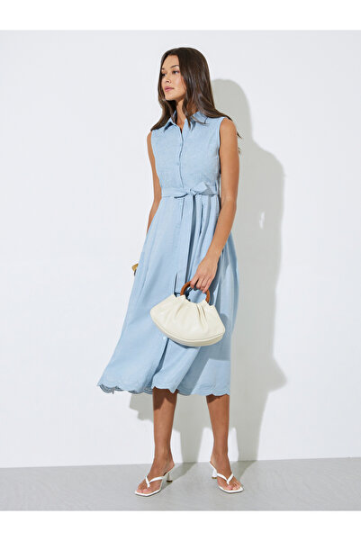 Styli Blue Embroidered Belted Waist Shirt Midi Dress