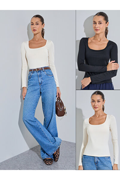 Styli Pack of 2 - Multi-Color Square Neck Long Sleeves Knit T-Shirt