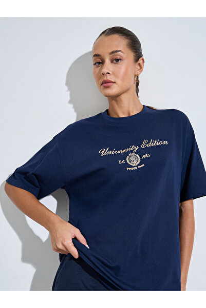 Styli Navy Blue Slogan Embroidery Short Sleeves Oversized T-Shirt