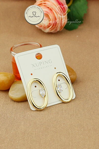 Keyifli Hayaller Xuping Küpe - Xuping Oval Halka Model Gold Arpa Taşlı Çivi Küpe Kararmaz