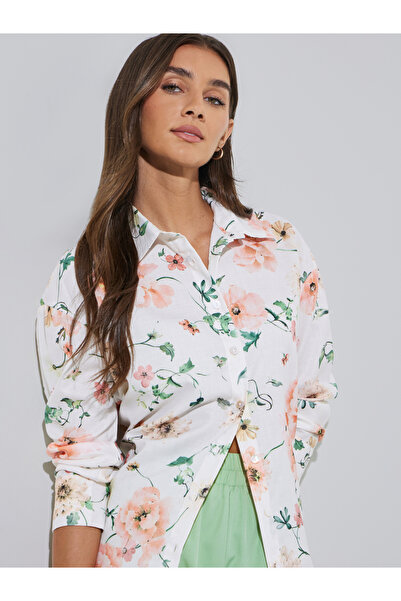 Styli Off White Floral Print Long Sleeves Oversized Shirt